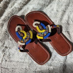 🌟Handmade African Beaded Leather Slippers Thongs Sandals 9